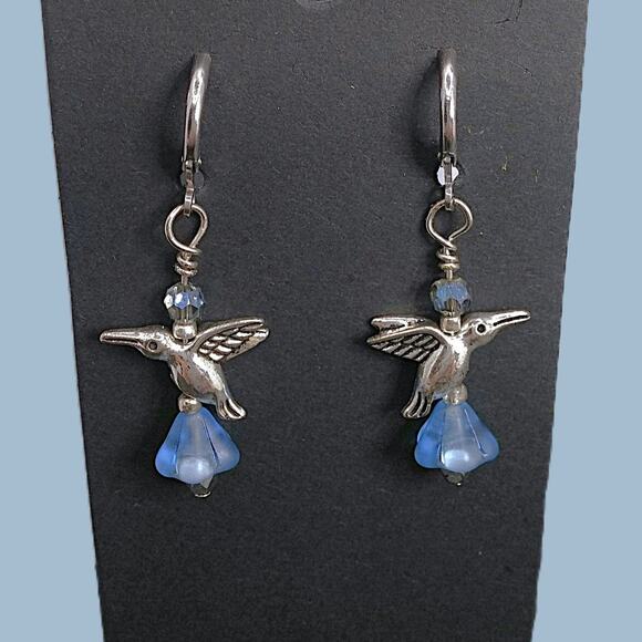 NEW Whimsical Hummingbird Floral Earrings Dangle Artisan Blue Glass Silver Charm - Picture 8 of 9